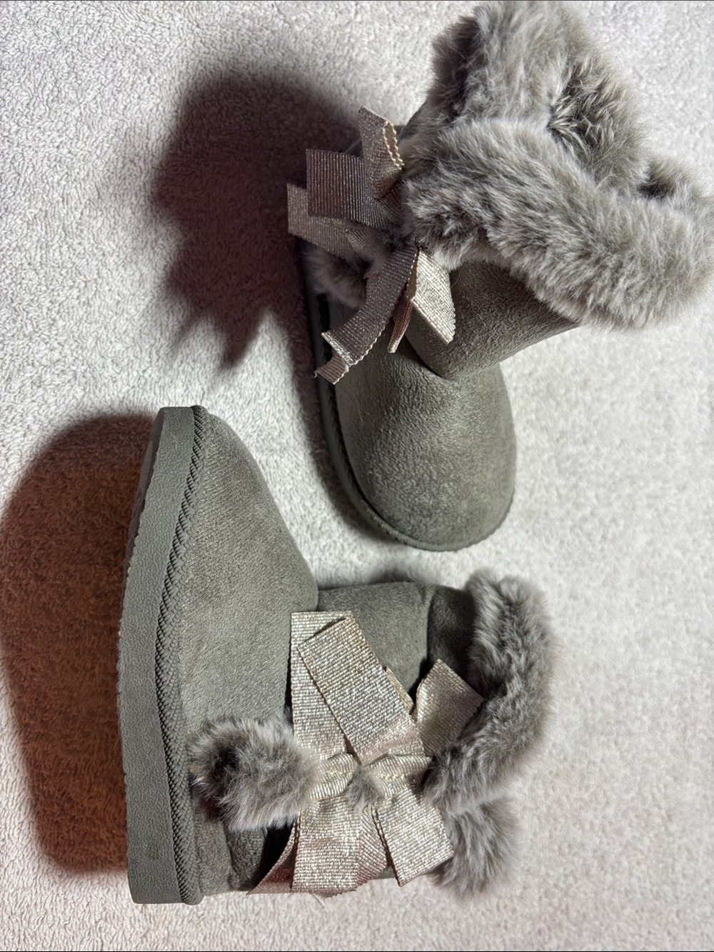 Toddler Faux Fur Gray Booties with Bow Accent